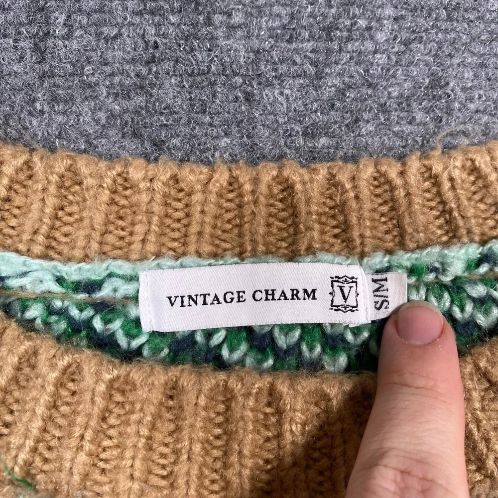 Vintage Charm Fair Isle Sweater Men Size S M Green Orange Geometric Knit‎